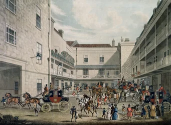 Royal Mail Coaches vertrekken van The Swan with Two Necks Inn, Lad Lane, gegraveerd door F. Rosenberg, 1831